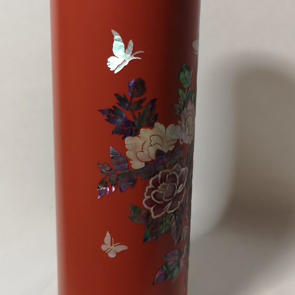 Lovely Orange Metal Travel Drinking Cup with Bronze Lid & Abalone Shell Design - Picture 3 of 6